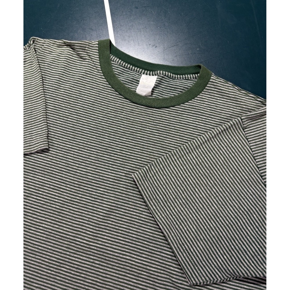 Vintage 80s Striped T Shirt Men's XL Green Gray Single Stitch Ribbed Collar USA